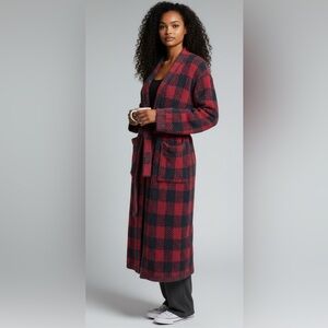 SKIMS Cozy Knit Robe in a red and black plaid pattern